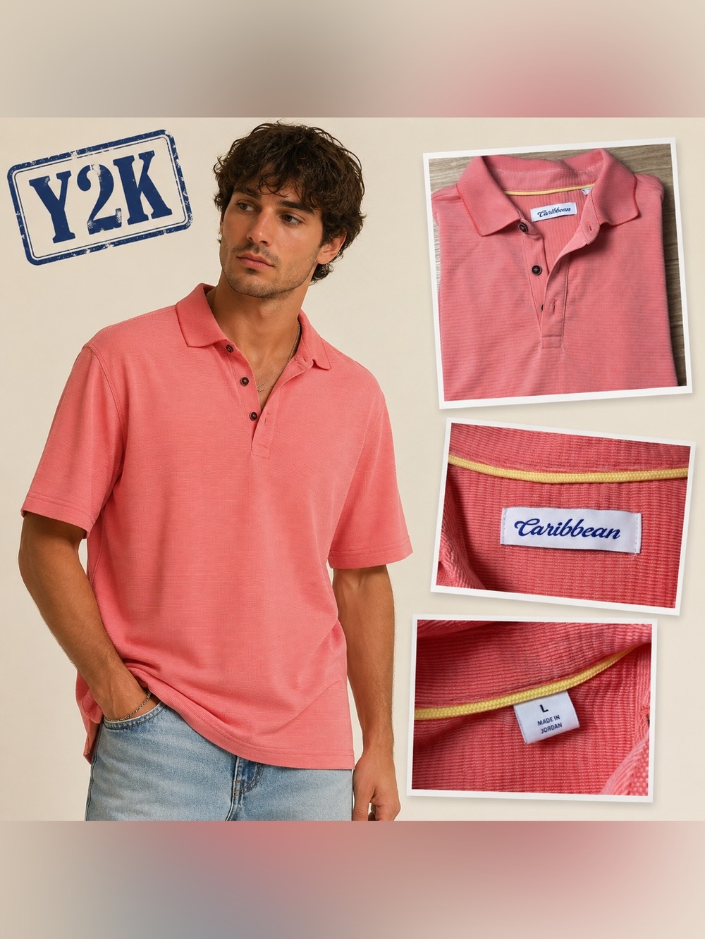 Y2K Caribbean Coral Pink Modal Polo Yellow Trim Men’s L
